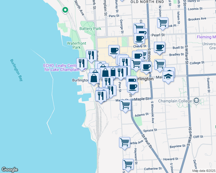 map of restaurants, bars, coffee shops, grocery stores, and more near 168 Battery Street in Burlington
