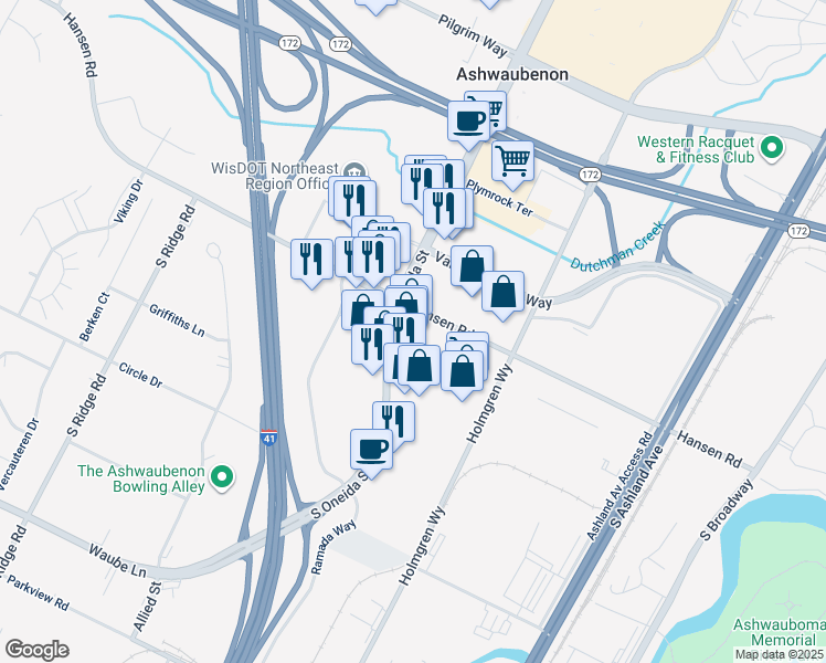 map of restaurants, bars, coffee shops, grocery stores, and more near 871 Hansen Road in Ashwaubenon