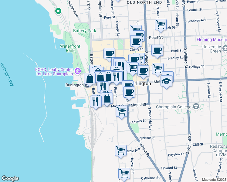 map of restaurants, bars, coffee shops, grocery stores, and more near 56 King Street in Burlington