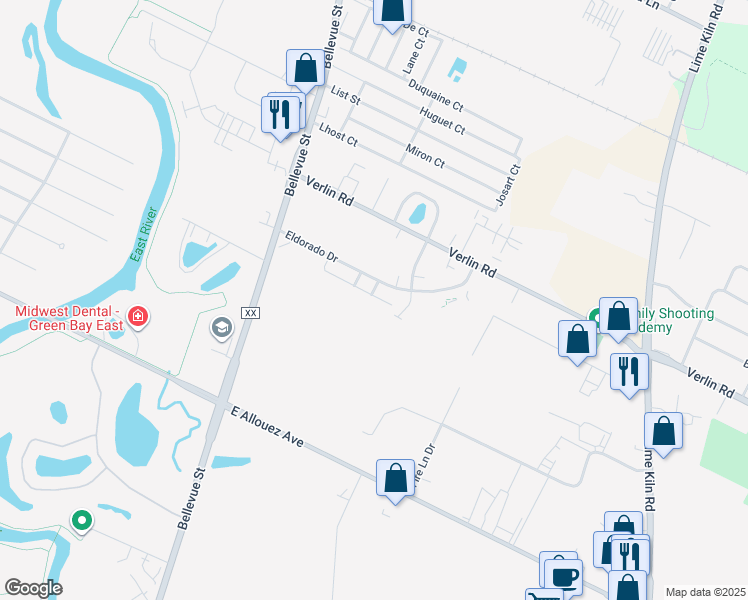 map of restaurants, bars, coffee shops, grocery stores, and more near 1792 Eldorado Drive in Green Bay