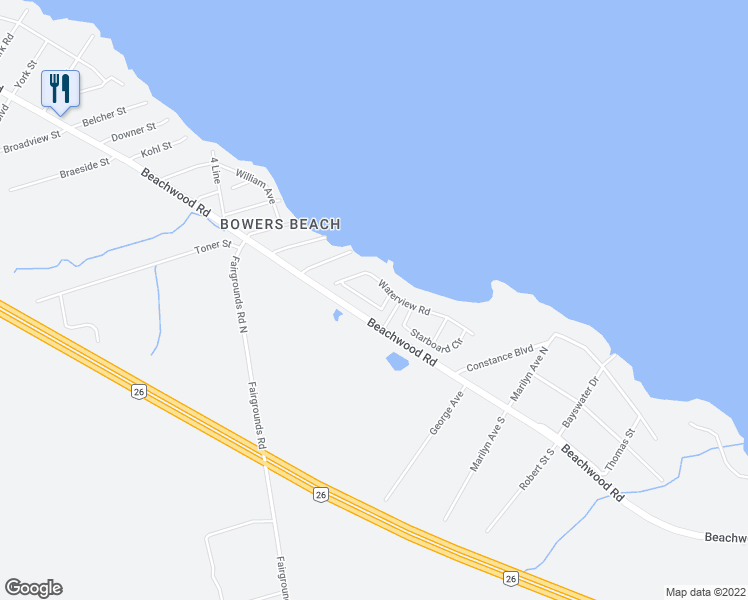 map of restaurants, bars, coffee shops, grocery stores, and more near 22 Leeward Circle in Wasaga Beach