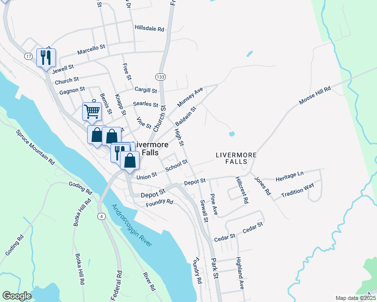 map of restaurants, bars, coffee shops, grocery stores, and more near 23 High Street in Livermore Falls