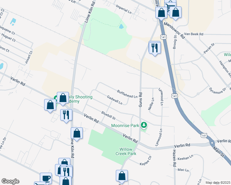 map of restaurants, bars, coffee shops, grocery stores, and more near 2118 Bufflehead Lane in Green Bay