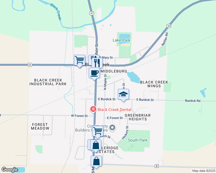 map of restaurants, bars, coffee shops, grocery stores, and more near 112N North Maple Street in Black Creek