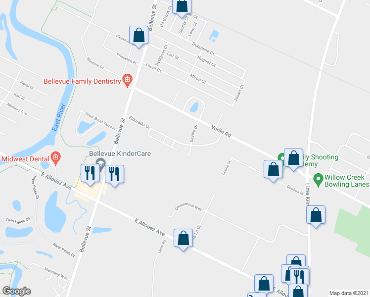 map of restaurants, bars, coffee shops, grocery stores, and more near 1808 Eldorado Drive in Green Bay