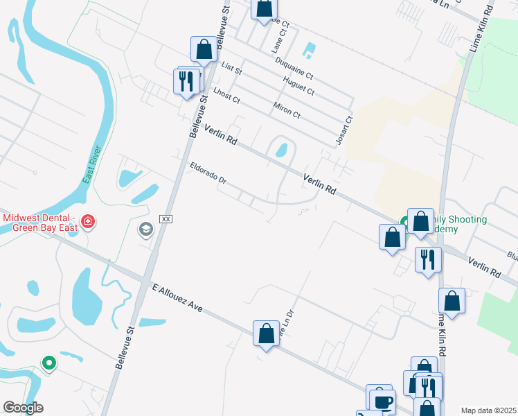 map of restaurants, bars, coffee shops, grocery stores, and more near 1792 Eldorado Drive in Green Bay
