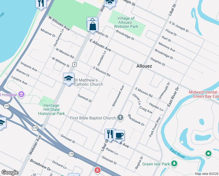 map of restaurants, bars, coffee shops, grocery stores, and more near 2460 Brenner Place in Allouez
