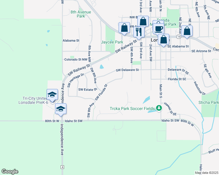 map of restaurants, bars, coffee shops, grocery stores, and more near 729 Southwest Florida Street in Lonsdale