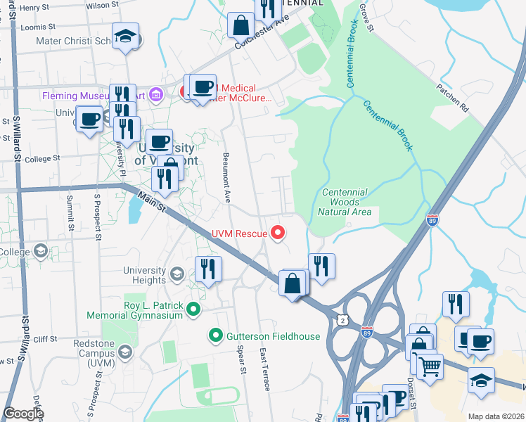 map of restaurants, bars, coffee shops, grocery stores, and more near 260 East Avenue in Burlington