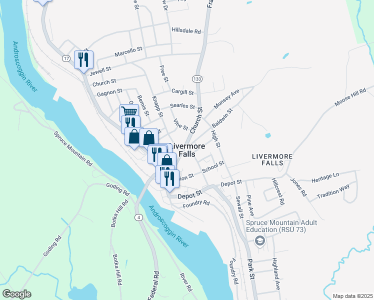 map of restaurants, bars, coffee shops, grocery stores, and more near in Livermore Falls