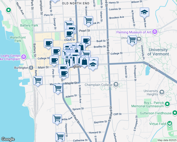 map of restaurants, bars, coffee shops, grocery stores, and more near 181 South Union Street in Burlington