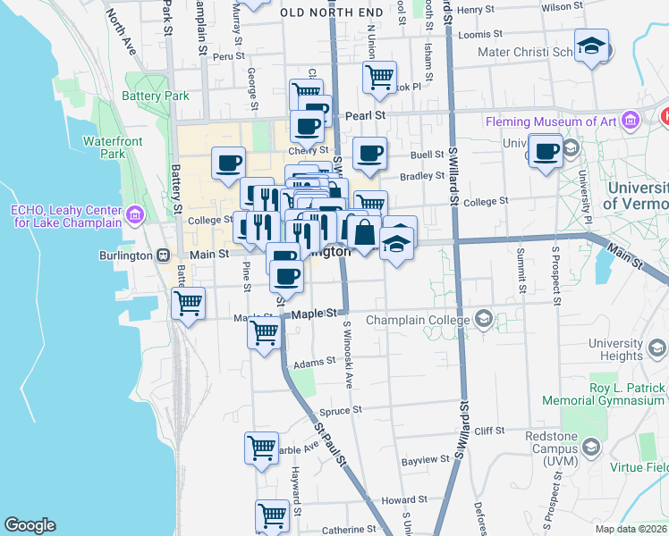 map of restaurants, bars, coffee shops, grocery stores, and more near 175 Main Street in Burlington
