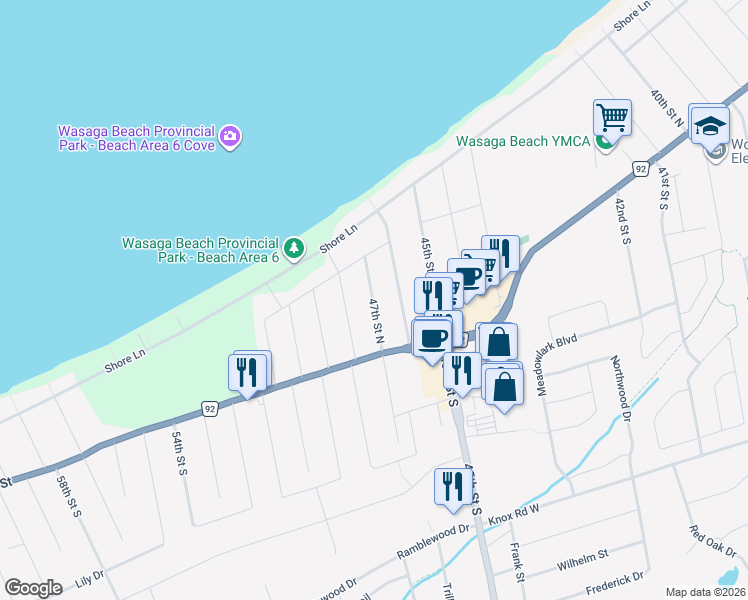 map of restaurants, bars, coffee shops, grocery stores, and more near 35 47th Street North in Wasaga Beach