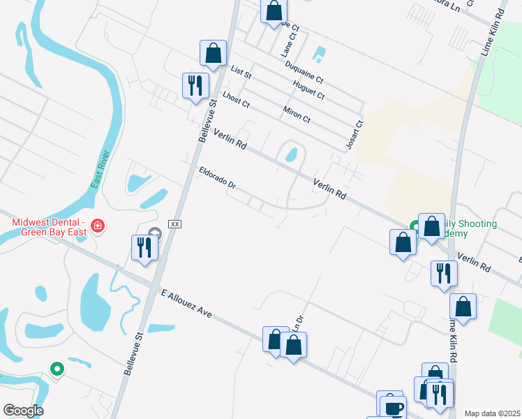 map of restaurants, bars, coffee shops, grocery stores, and more near 1792 Eldorado Drive in Green Bay
