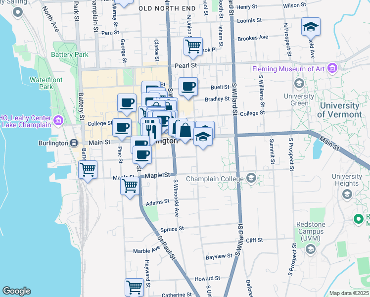 map of restaurants, bars, coffee shops, grocery stores, and more near 184 South Winooski Avenue in Burlington