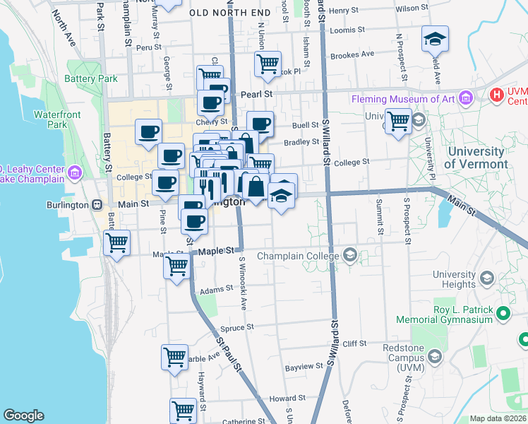 map of restaurants, bars, coffee shops, grocery stores, and more near 181 South Union Street in Burlington