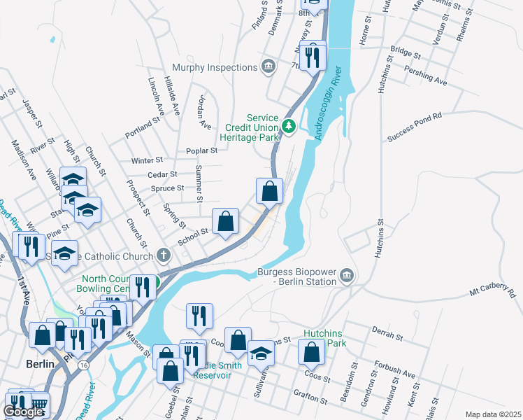 map of restaurants, bars, coffee shops, grocery stores, and more near 737 Main Street in Berlin