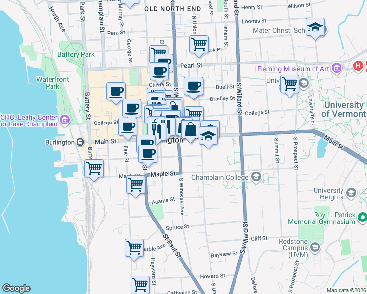 map of restaurants, bars, coffee shops, grocery stores, and more near 184 South Winooski Avenue in Burlington