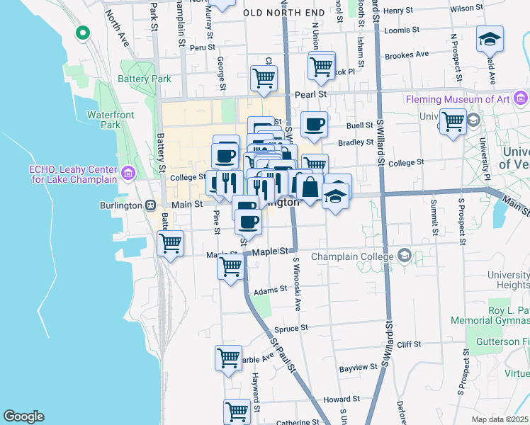 map of restaurants, bars, coffee shops, grocery stores, and more near 175 Main Street in Burlington