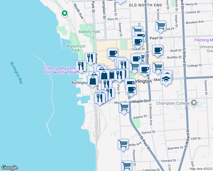 map of restaurants, bars, coffee shops, grocery stores, and more near 168 Battery Street in Burlington