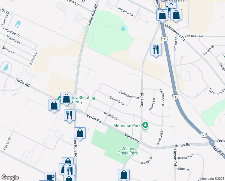 map of restaurants, bars, coffee shops, grocery stores, and more near 2118 Bufflehead Lane in Green Bay