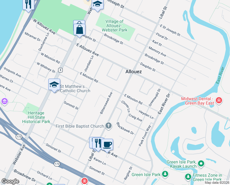 map of restaurants, bars, coffee shops, grocery stores, and more near 2416 Libal Street in Green Bay