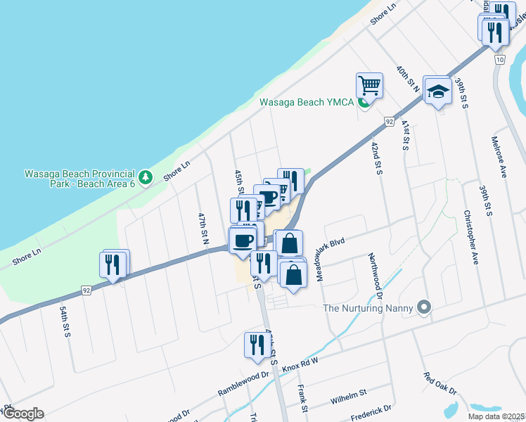 map of restaurants, bars, coffee shops, grocery stores, and more near 16 Puccini Drive in Wasaga Beach