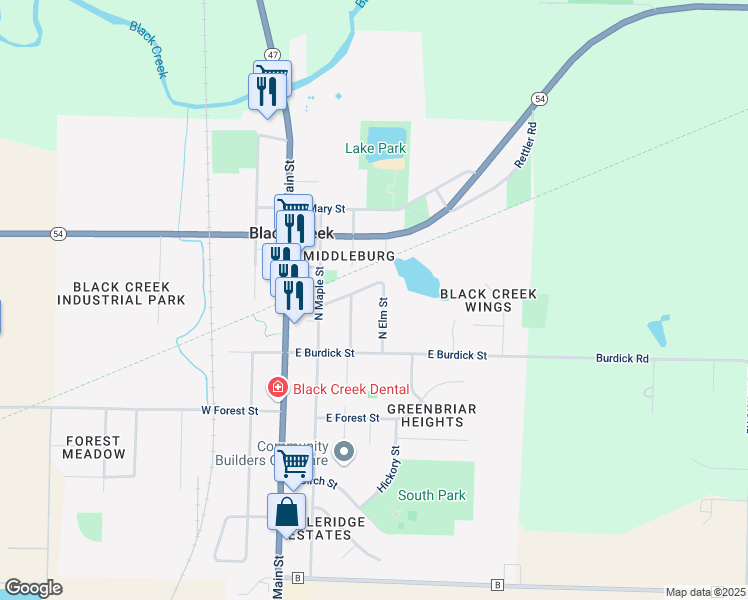 map of restaurants, bars, coffee shops, grocery stores, and more near 202 North Beech Street in Black Creek