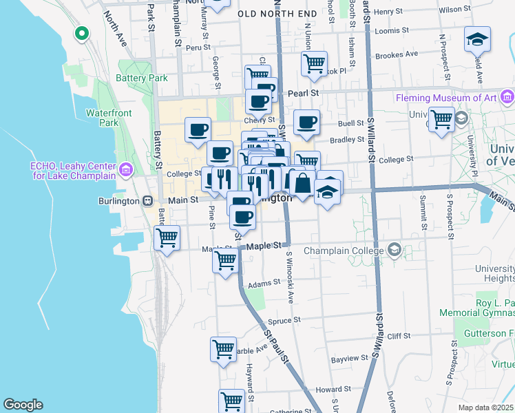 map of restaurants, bars, coffee shops, grocery stores, and more near 175 Main Street in Burlington