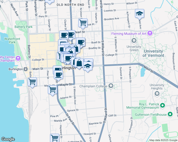 map of restaurants, bars, coffee shops, grocery stores, and more near 275 Main Street in Burlington