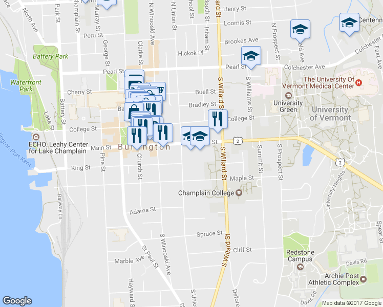 map of restaurants, bars, coffee shops, grocery stores, and more near 275 Main Street in Burlington