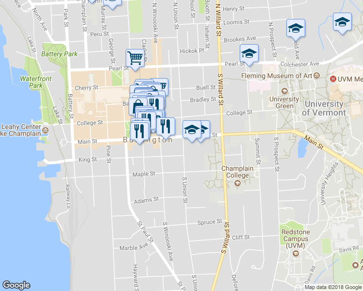 map of restaurants, bars, coffee shops, grocery stores, and more near 167 South Union Street in Burlington