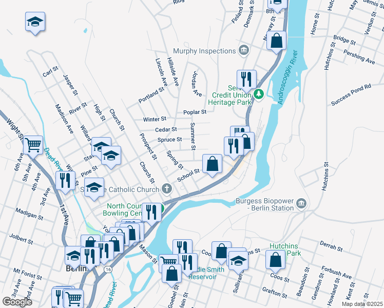 map of restaurants, bars, coffee shops, grocery stores, and more near 411 School Street in Berlin