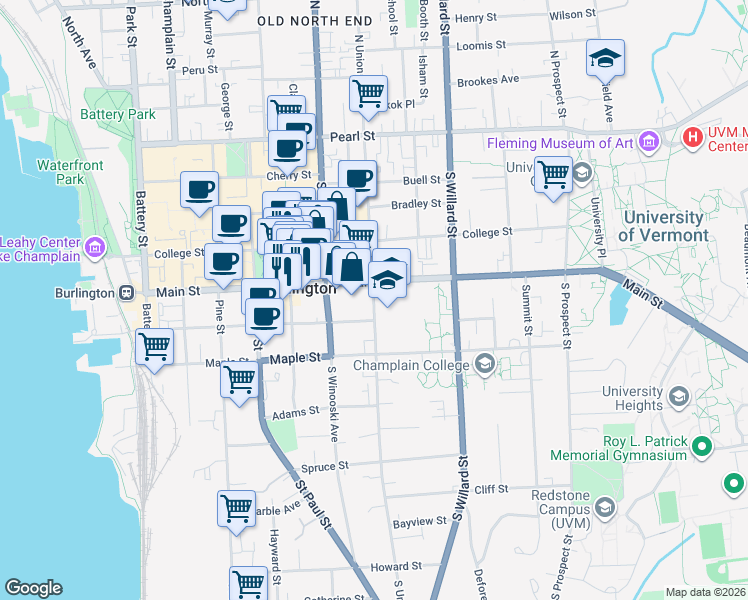 map of restaurants, bars, coffee shops, grocery stores, and more near 181 South Union Street in Burlington