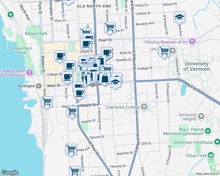 map of restaurants, bars, coffee shops, grocery stores, and more near 181 South Union Street in Burlington