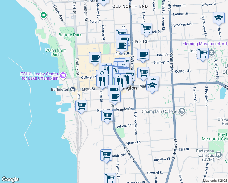 map of restaurants, bars, coffee shops, grocery stores, and more near 120 King Street in Burlington