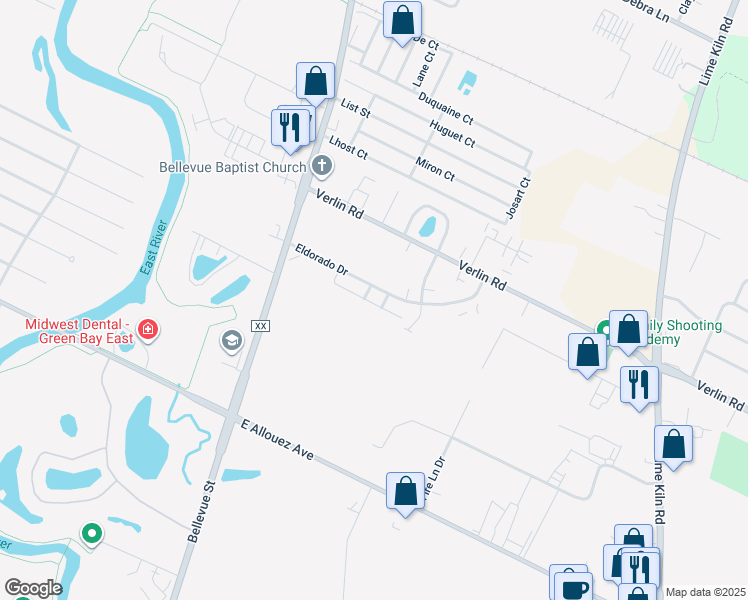 map of restaurants, bars, coffee shops, grocery stores, and more near 1792 Eldorado Drive in Green Bay
