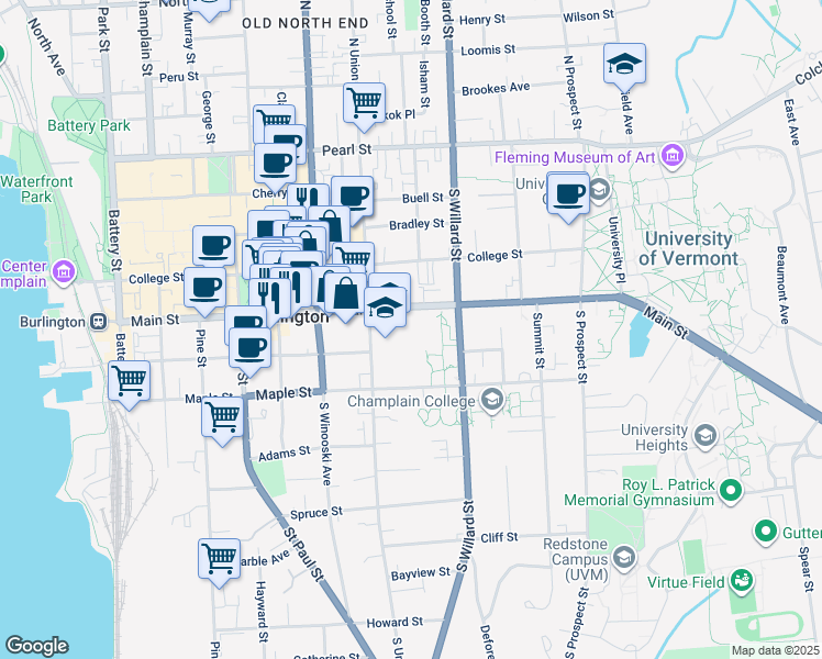 map of restaurants, bars, coffee shops, grocery stores, and more near 299 Main Street in Burlington