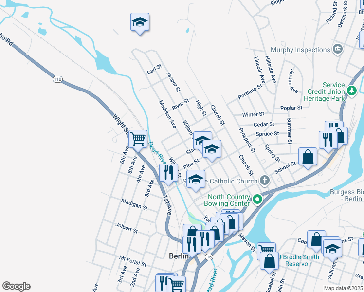 map of restaurants, bars, coffee shops, grocery stores, and more near 93 State Street in Berlin