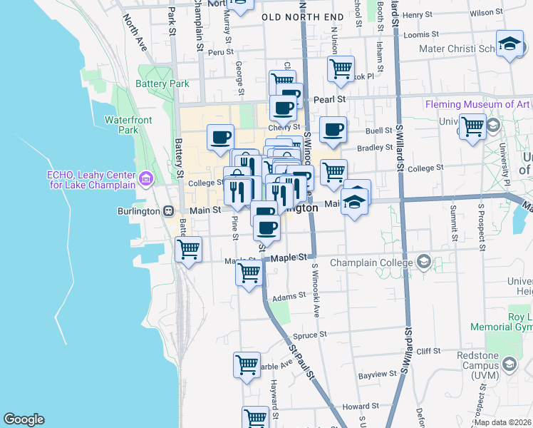 map of restaurants, bars, coffee shops, grocery stores, and more near 120 King Street in Burlington