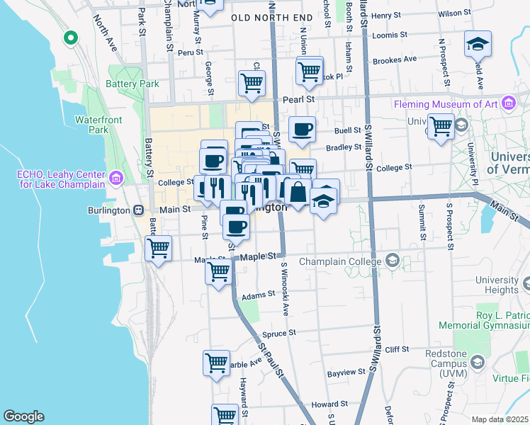 map of restaurants, bars, coffee shops, grocery stores, and more near 175 Main Street in Burlington