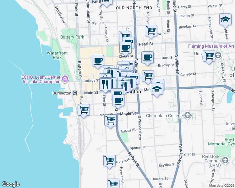 map of restaurants, bars, coffee shops, grocery stores, and more near 120 King Street in Burlington