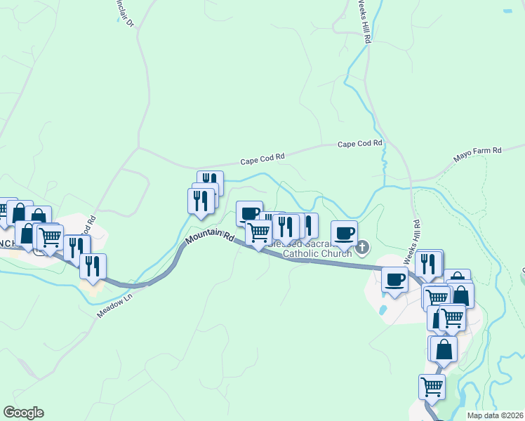 map of restaurants, bars, coffee shops, grocery stores, and more near 1056 Mountain Road in Stowe