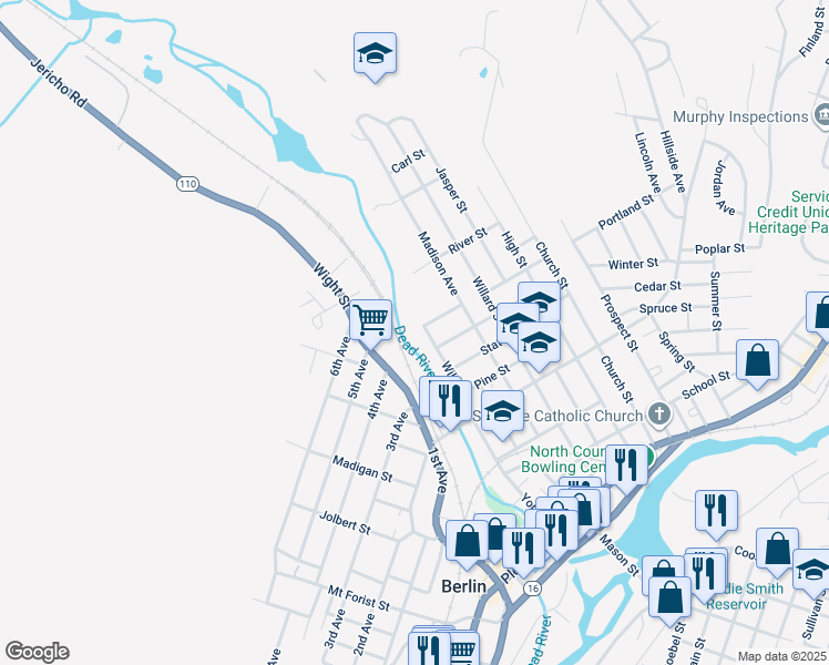 map of restaurants, bars, coffee shops, grocery stores, and more near 219 Willow Street in Berlin