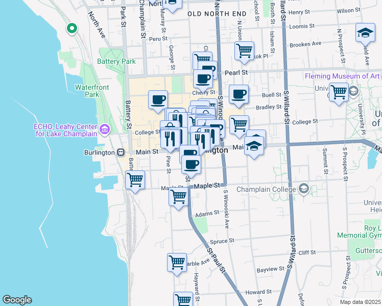 map of restaurants, bars, coffee shops, grocery stores, and more near 120 King Street in Burlington