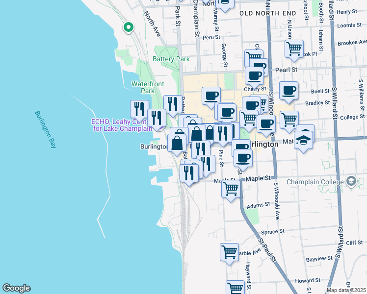 map of restaurants, bars, coffee shops, grocery stores, and more near in Burlington