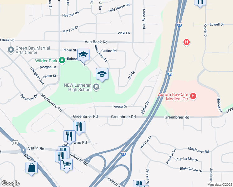 map of restaurants, bars, coffee shops, grocery stores, and more near 2669 Teresa Drive in Green Bay
