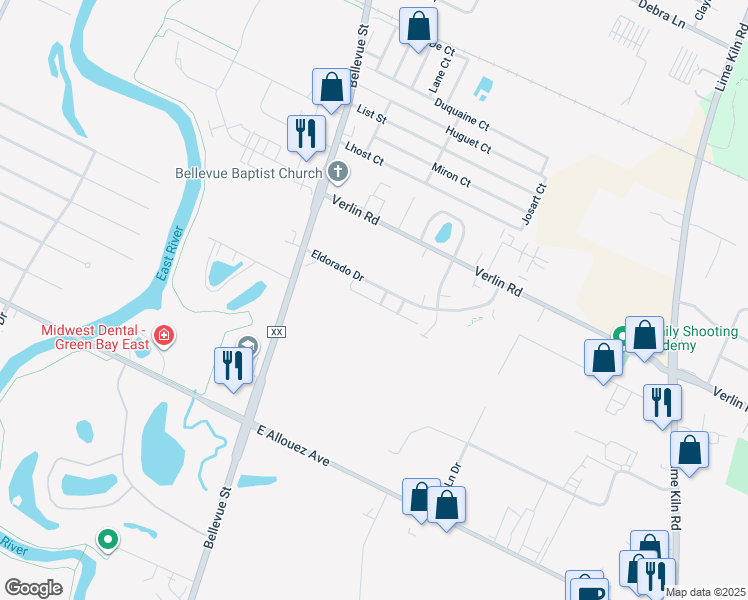 map of restaurants, bars, coffee shops, grocery stores, and more near 1401 Bellevue Street in Green Bay