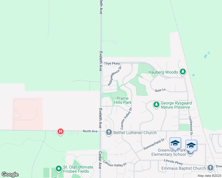 map of restaurants, bars, coffee shops, grocery stores, and more near 1560 Independence Drive in Northfield