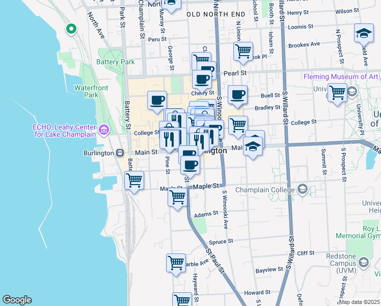 map of restaurants, bars, coffee shops, grocery stores, and more near 120 King Street in Burlington